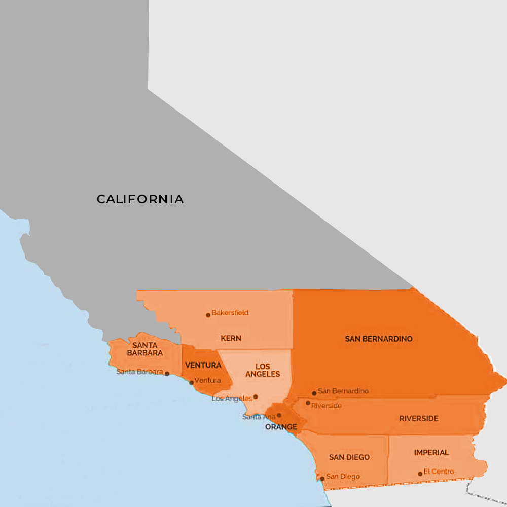 map of our service area in Southern California kern bakersfield san bernardino santa barbara los angeles riverside san diego imperial ventura